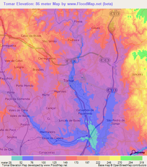Tomar,Portugal Elevation Map