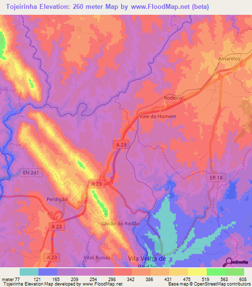 Tojeirinha,Portugal Elevation Map