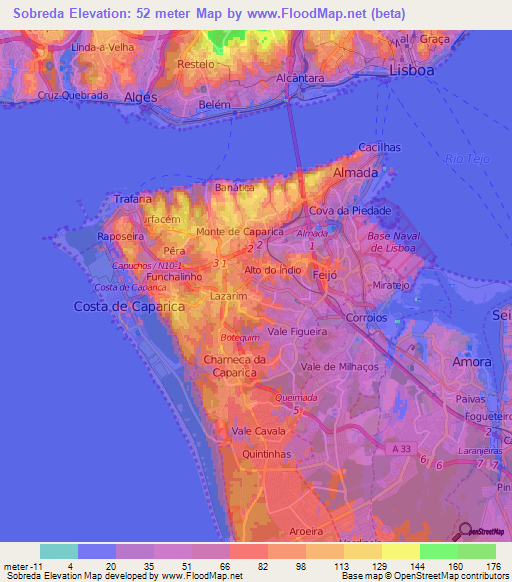 Sobreda,Portugal Elevation Map