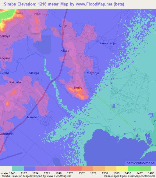 Simba,Uganda Elevation Map