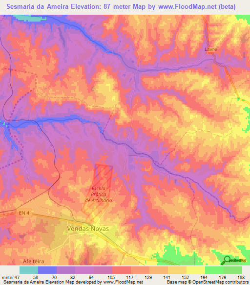 Sesmaria da Ameira,Portugal Elevation Map