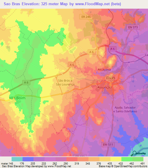 Sao Bras,Portugal Elevation Map
