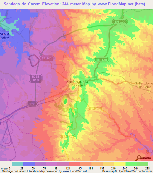 Santiago do Cacem,Portugal Elevation Map