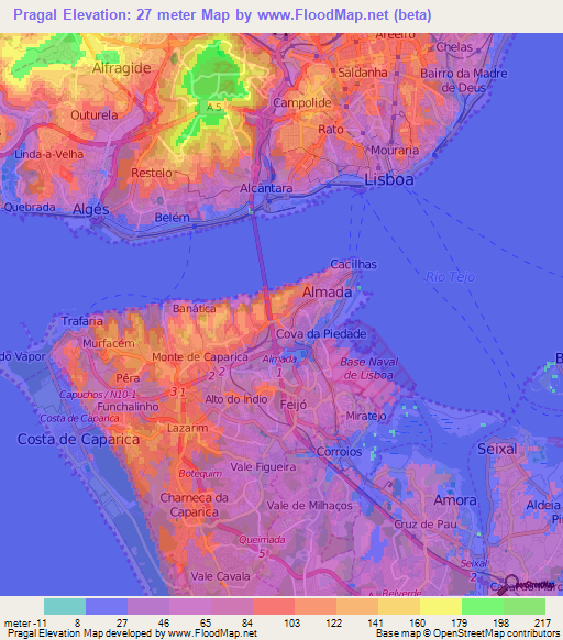 Pragal,Portugal Elevation Map