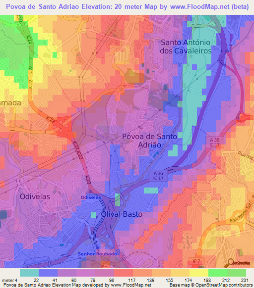 Povoa de Santo Adriao,Portugal Elevation Map