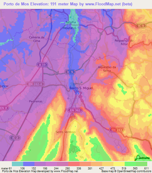 Porto de Mos,Portugal Elevation Map