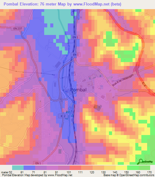 Pombal,Portugal Elevation Map
