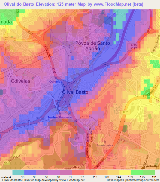Olival do Basto,Portugal Elevation Map