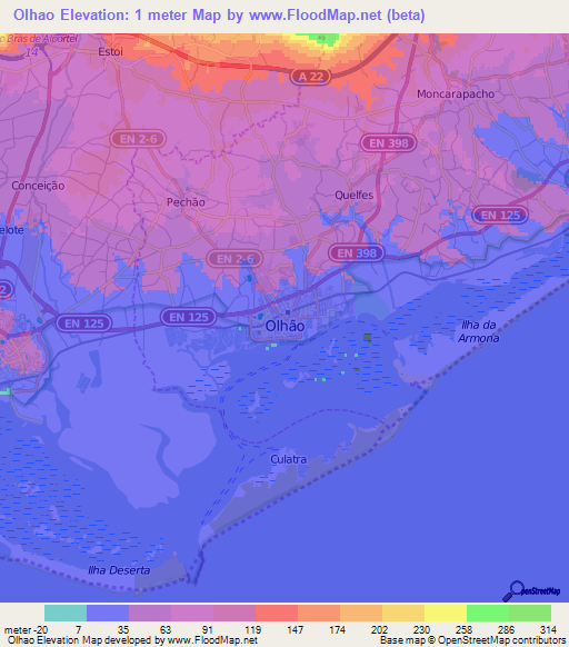 Olhao,Portugal Elevation Map