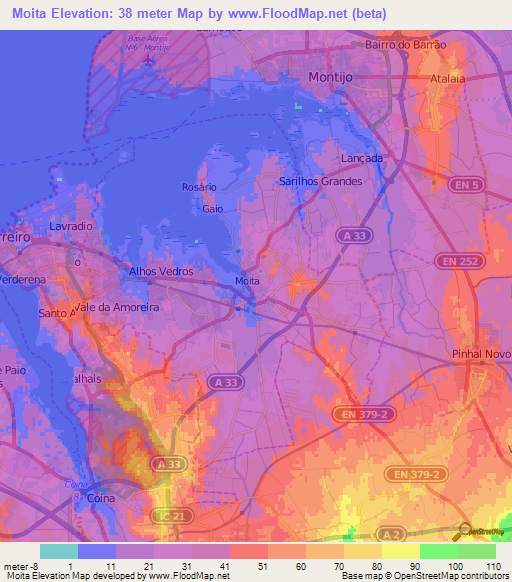 Moita,Portugal Elevation Map