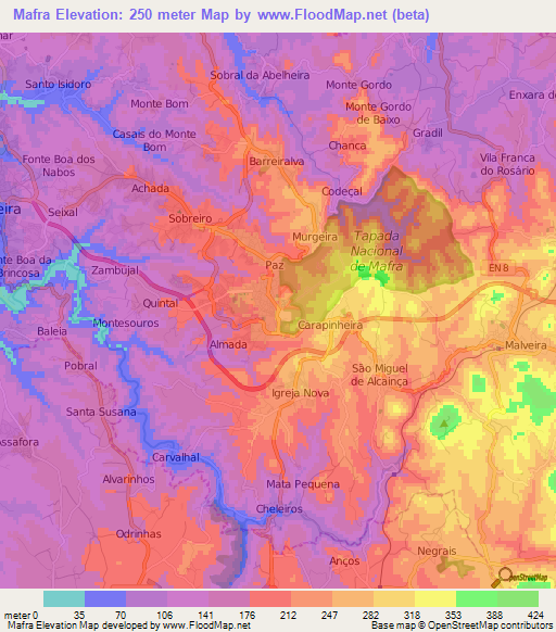 Mafra,Portugal Elevation Map
