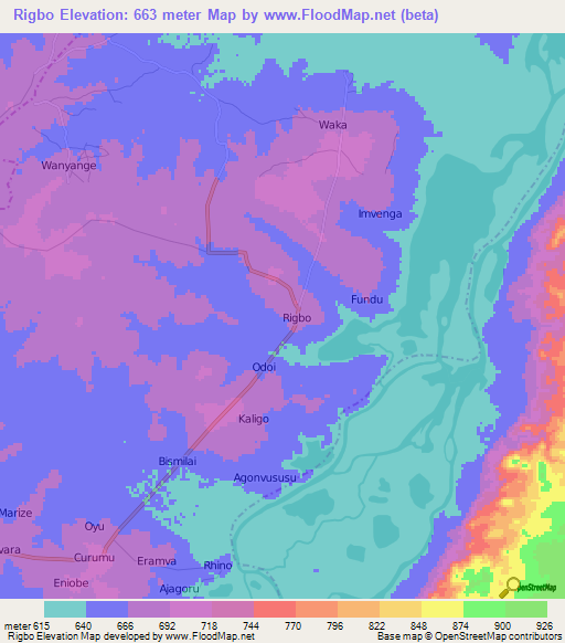 Rigbo,Uganda Elevation Map