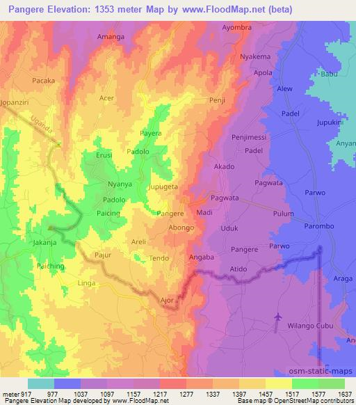 Pangere,Uganda Elevation Map