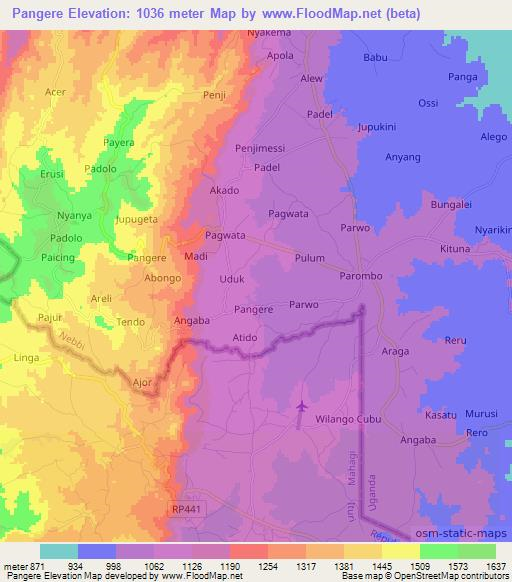 Pangere,Uganda Elevation Map