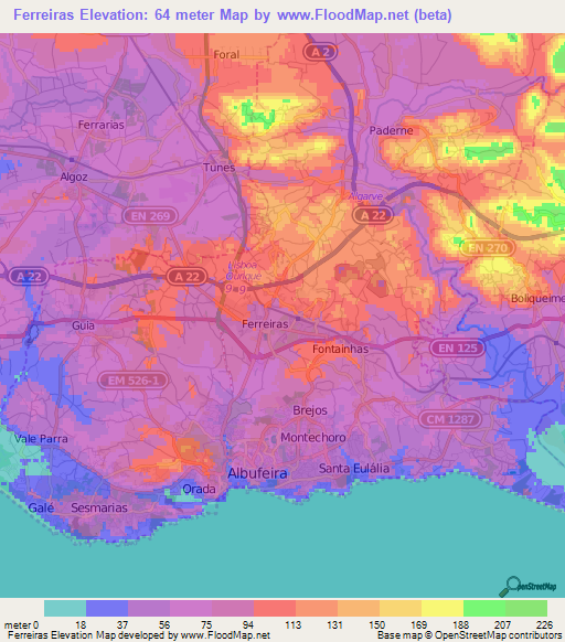 Ferreiras,Portugal Elevation Map