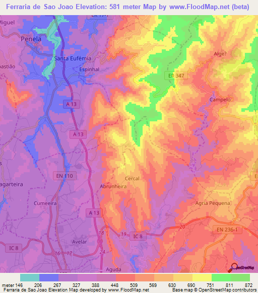 Ferraria de Sao Joao,Portugal Elevation Map