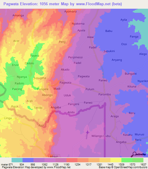 Pagwata,Uganda Elevation Map