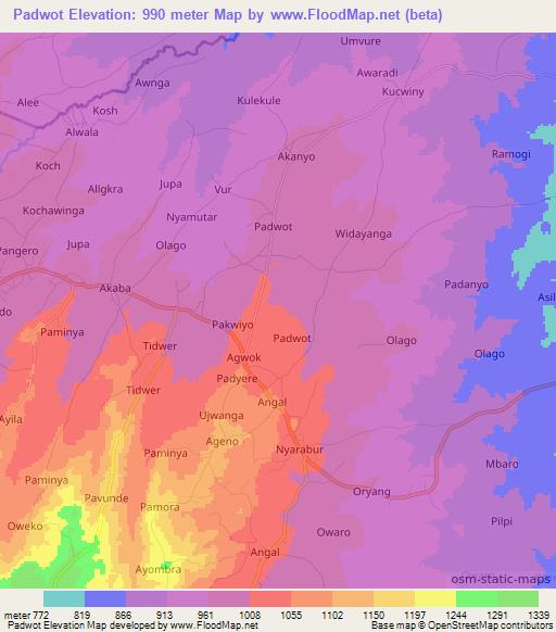 Padwot,Uganda Elevation Map
