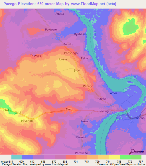 Pacego,Uganda Elevation Map