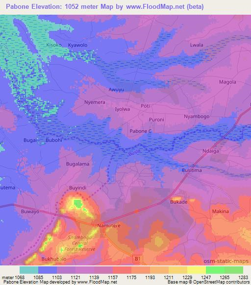 Pabone,Uganda Elevation Map