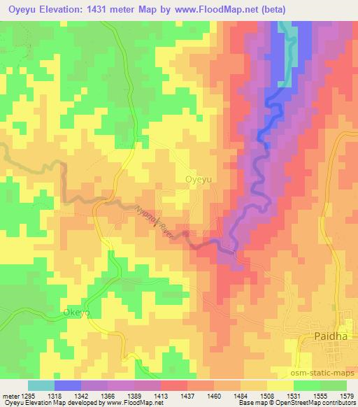 Oyeyu,Uganda Elevation Map