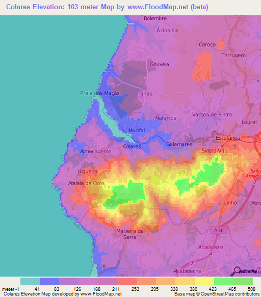 Colares,Portugal Elevation Map