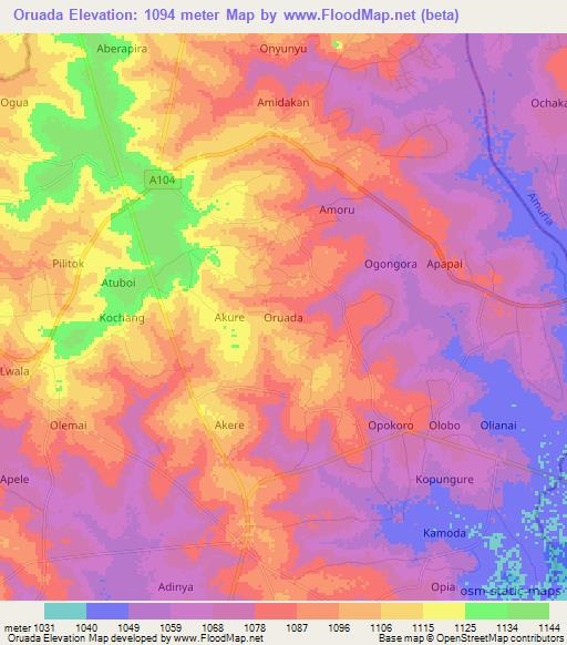 Oruada,Uganda Elevation Map