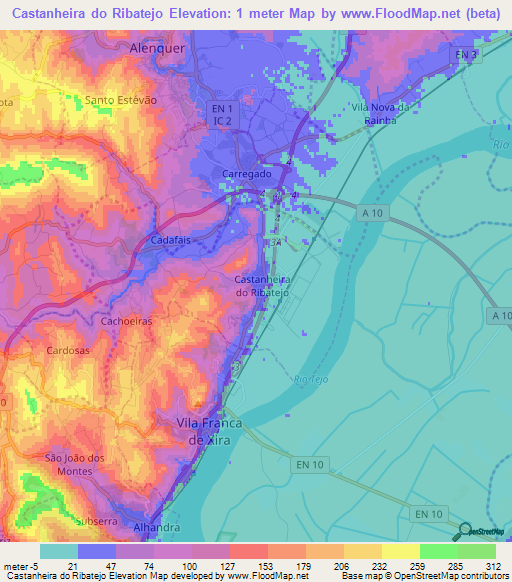 Castanheira do Ribatejo,Portugal Elevation Map