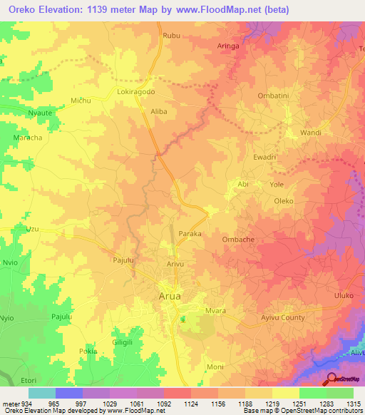 Oreko,Uganda Elevation Map