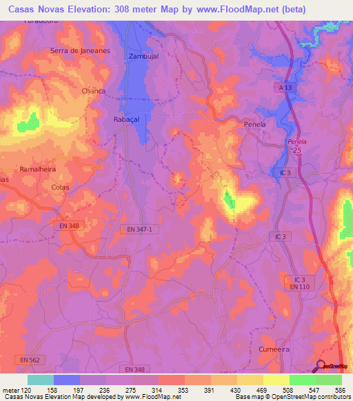 Casas Novas,Portugal Elevation Map