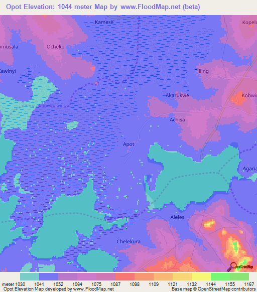 Opot,Uganda Elevation Map