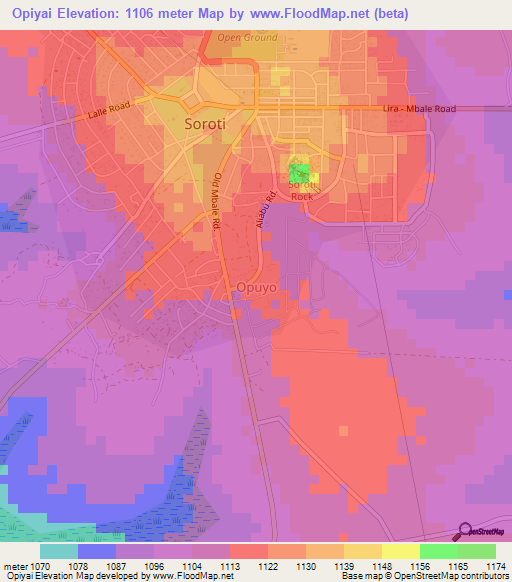 Opiyai,Uganda Elevation Map