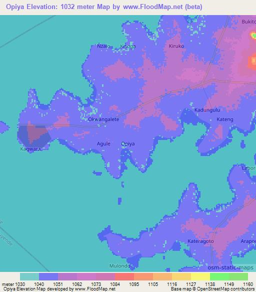 Opiya,Uganda Elevation Map