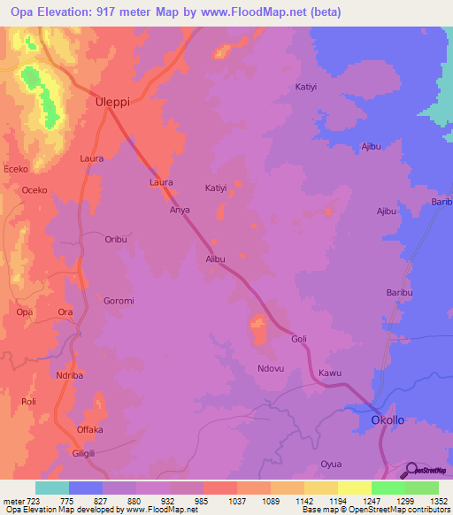 Opa,Uganda Elevation Map