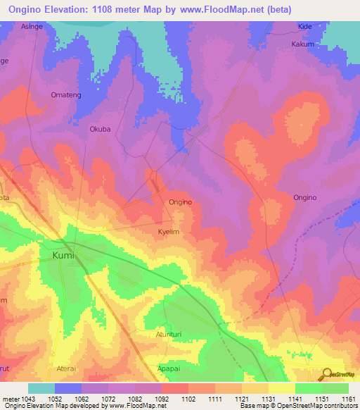 Ongino,Uganda Elevation Map