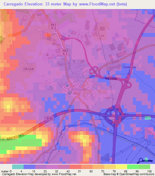 Carregado,Portugal Elevation Map