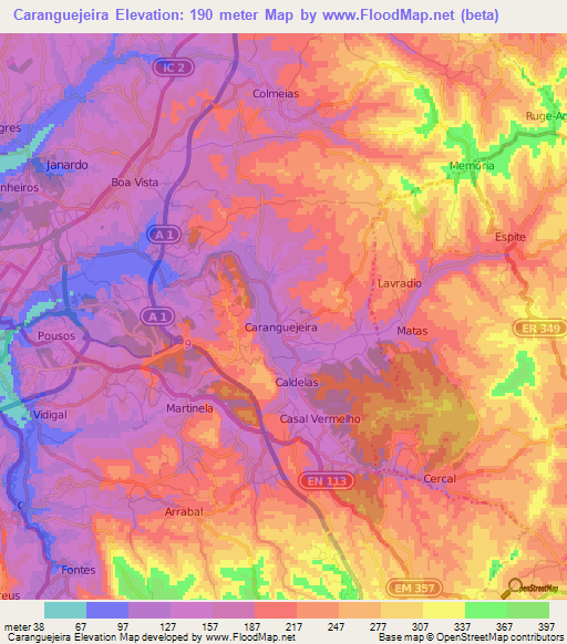 Caranguejeira,Portugal Elevation Map