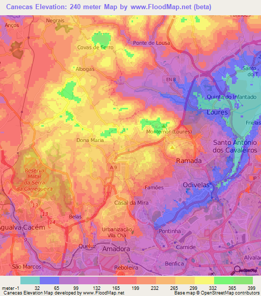 Canecas,Portugal Elevation Map