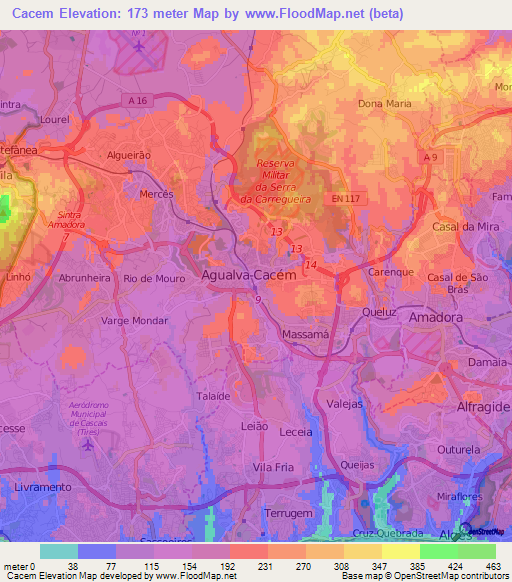 Cacem,Portugal Elevation Map