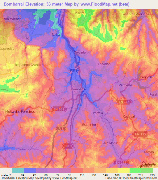 Bombarral,Portugal Elevation Map