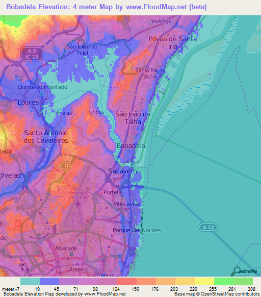 Bobadela,Portugal Elevation Map