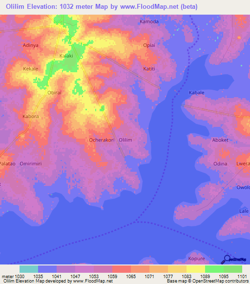 Olilim,Uganda Elevation Map