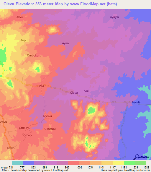 Olevu,Uganda Elevation Map