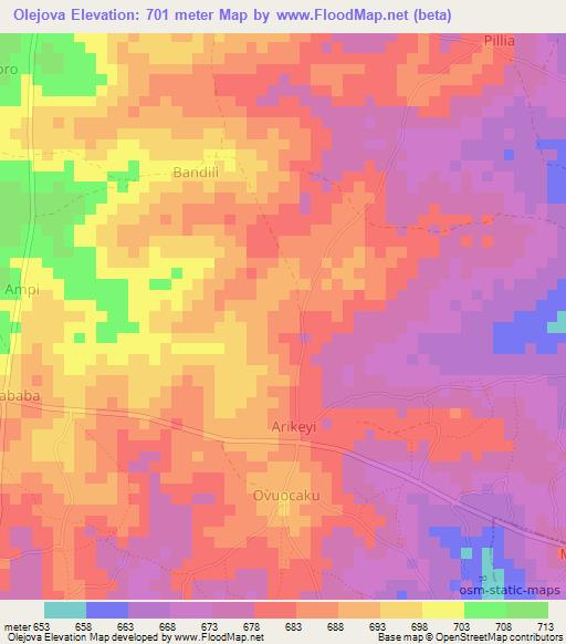 Olejova,Uganda Elevation Map