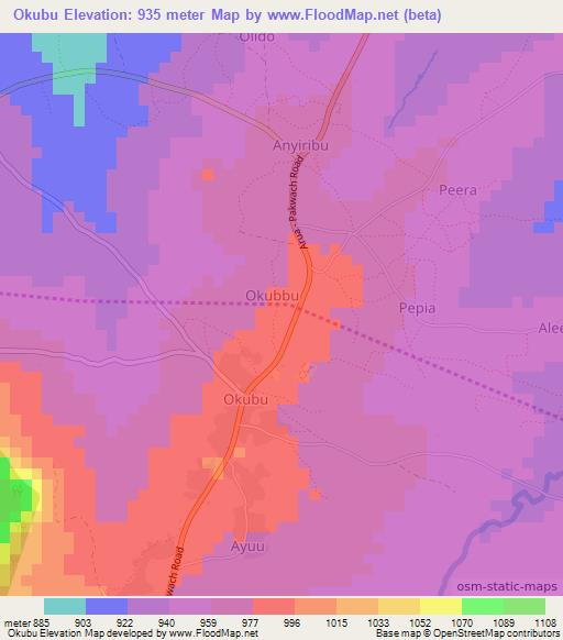 Okubu,Uganda Elevation Map