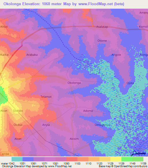 Okolonga,Uganda Elevation Map