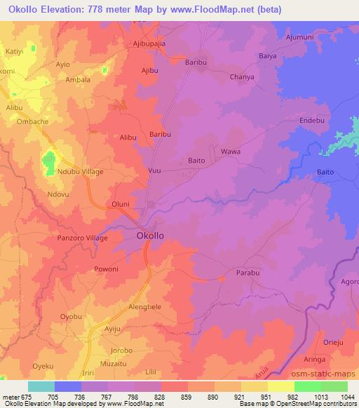 Okollo,Uganda Elevation Map