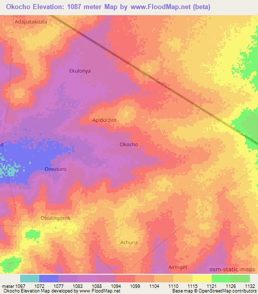 Okocho,Uganda Elevation Map