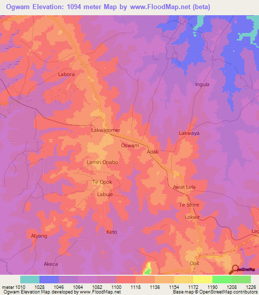 Ogwam,Uganda Elevation Map