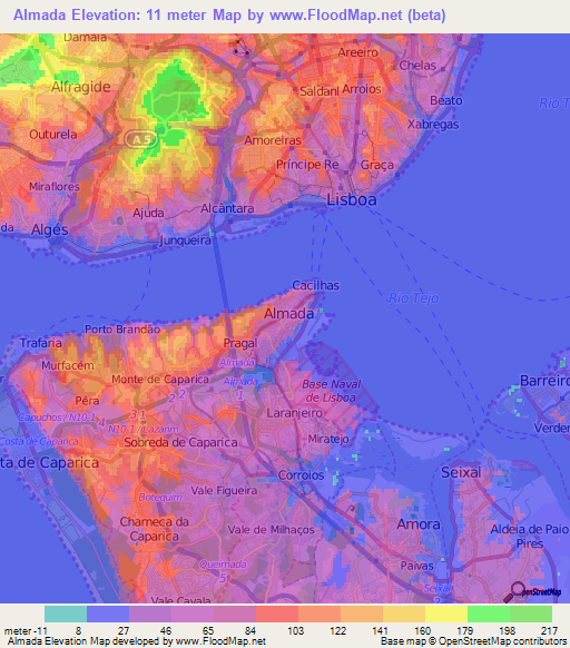 Almada,Portugal Elevation Map